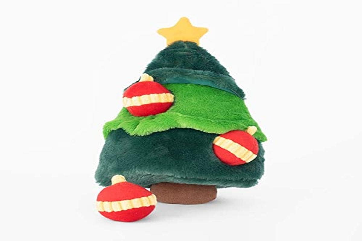 ZippyPaws Holiday Burrow plush Christmas tree dog toy with red squeaky ornament Miniz and yellow star topper