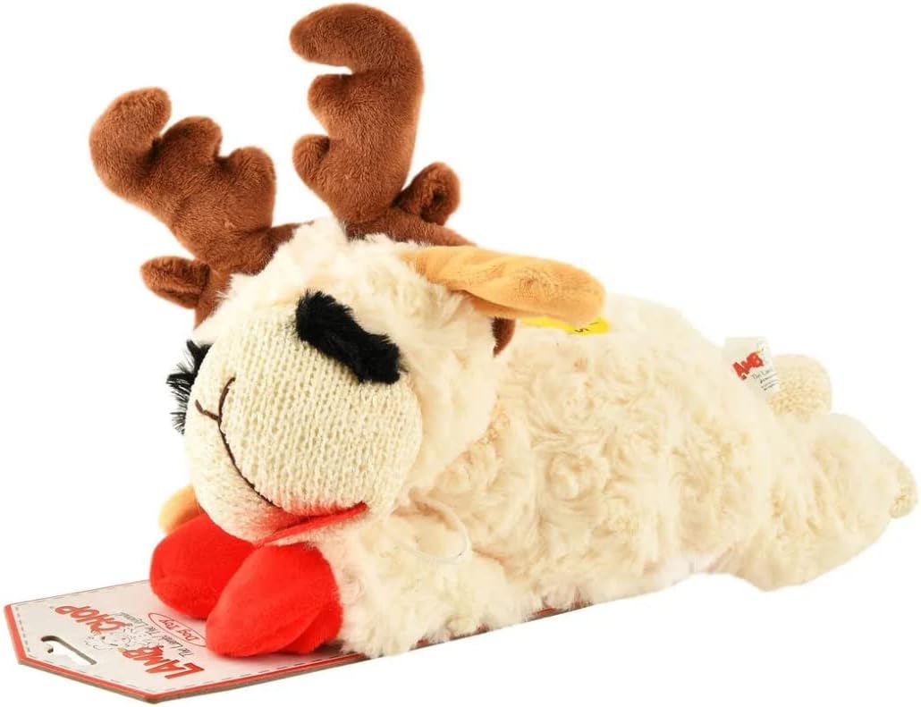 Multipet Holiday Lamb Chop plush dog toy with reindeer antlers, 10.5-inch laying lamb