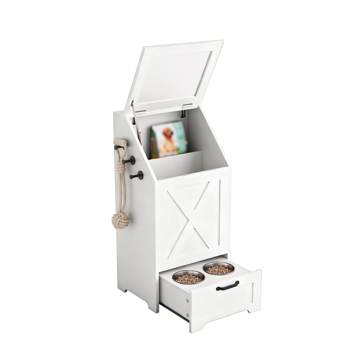 Dog Feeding Station with Storage & 2 Elevated Bowls, Walnut