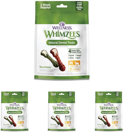 Dog chewing a Whimzees Brushzees toothbrush-shaped chew