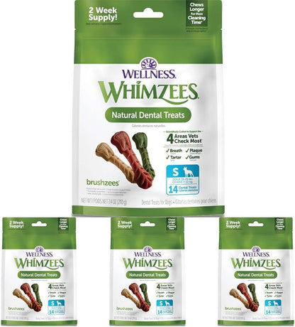 Dog chewing a Whimzees Brushzees toothbrush-shaped chew