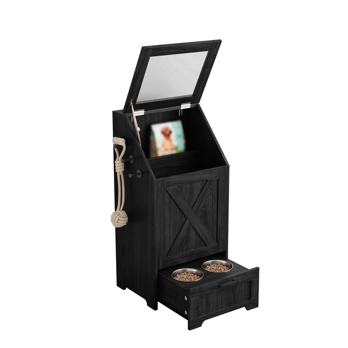 Dog Feeding Station with Storage & 2 Elevated Bowls, Walnut