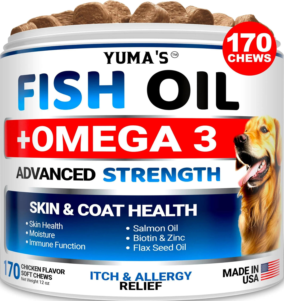 Omega 3 Fish Oil for Dogs   170 Chews   Skin and Coat Supplement   Omega 3 for Dogs   Dry & Itchy Skin Relief Treatment   Allergy Support   Dog Anti Shedding Treats   Shiny Coats   EPA & DHA   Salmon