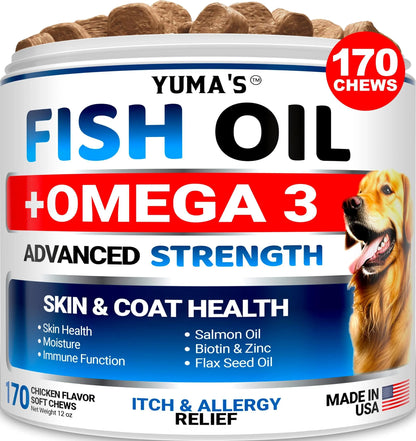 Omega 3 Fish Oil for Dogs   170 Chews   Skin and Coat Supplement   Omega 3 for Dogs   Dry & Itchy Skin Relief Treatment   Allergy Support   Dog Anti Shedding Treats   Shiny Coats   EPA & DHA   Salmon