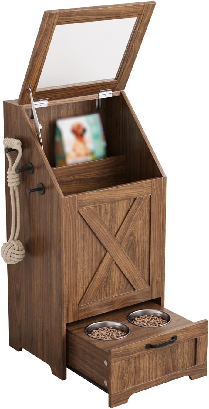 Dog Feeding Station with Storage & 2 Elevated Bowls, Walnut
