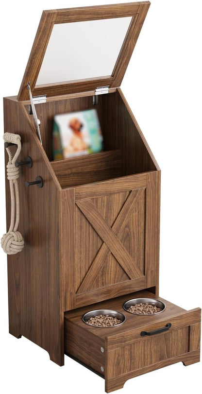 Dog Feeding Station with Storage & 2 Elevated Bowls, Walnut