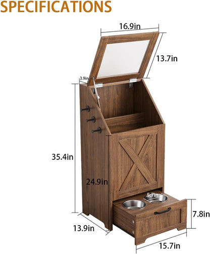 Dog Feeding Station with Storage & 2 Elevated Bowls, Walnut