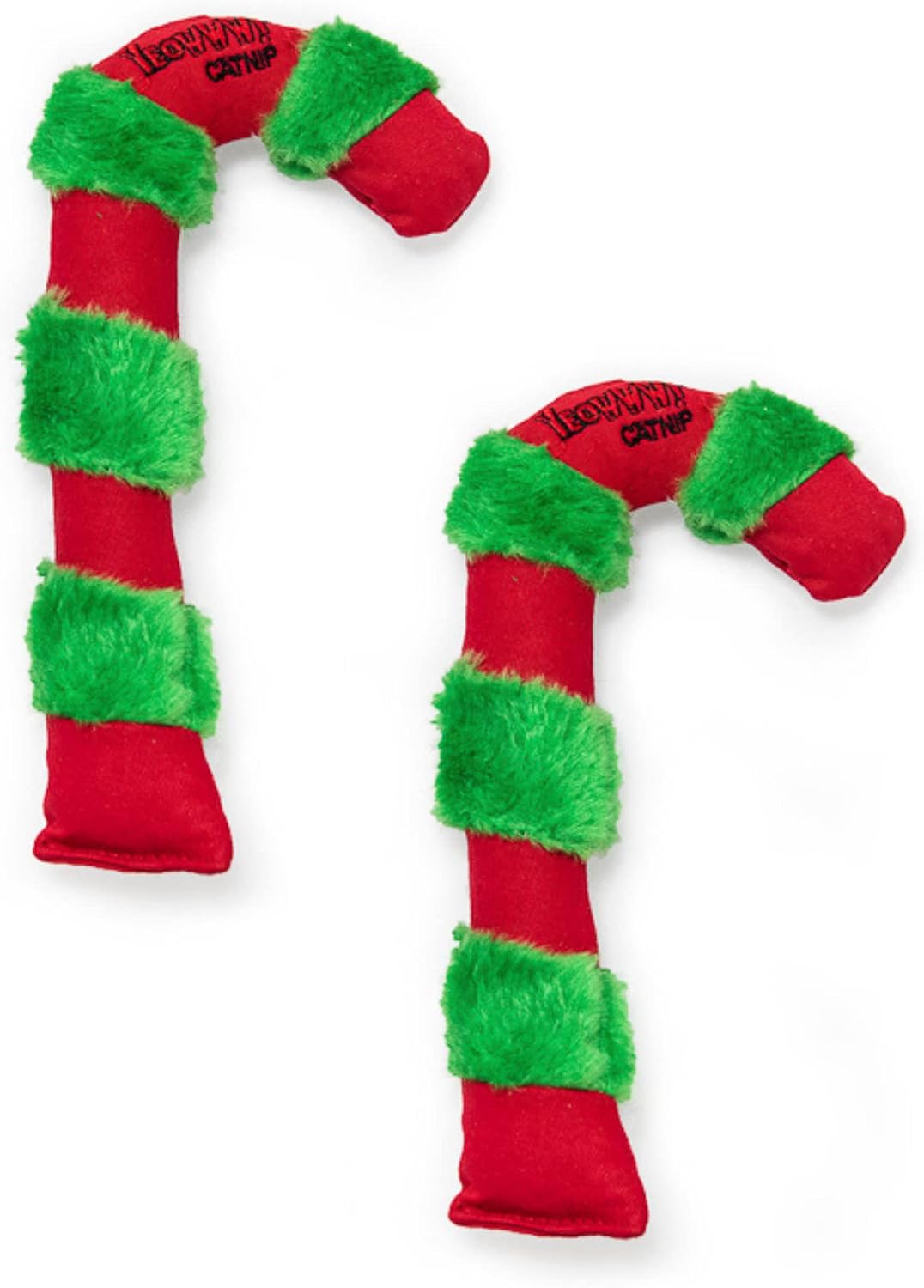 Two Yeowww Tide Candy Cane organic catnip cat toys, red and green plush candy canes with Yeowww Catnip label