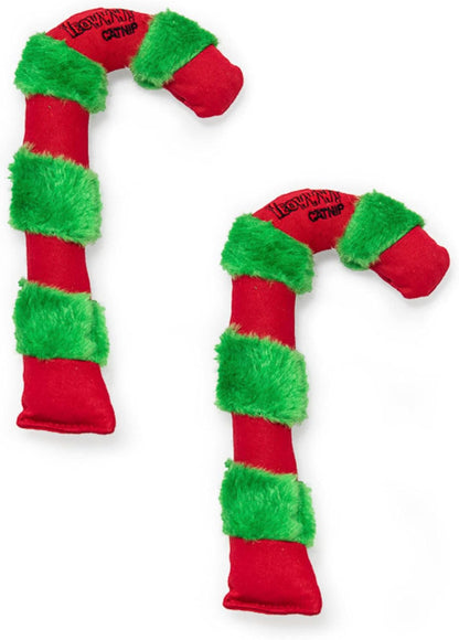 Two Yeowww Tide Candy Cane organic catnip cat toys, red and green plush candy canes with Yeowww Catnip label