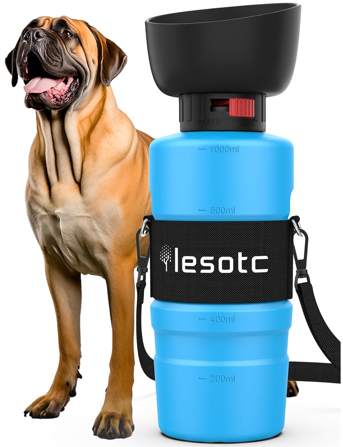 Dog drinking from a lesotc travel water bottle