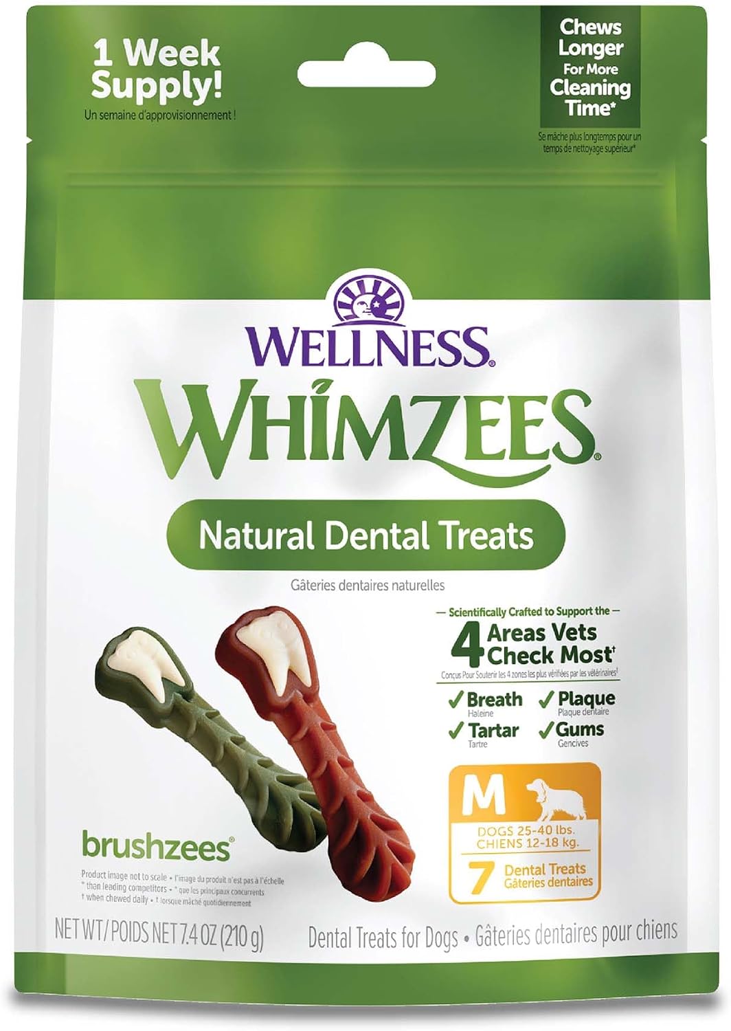 Dog chewing a Whimzees Brushzees toothbrush-shaped chew