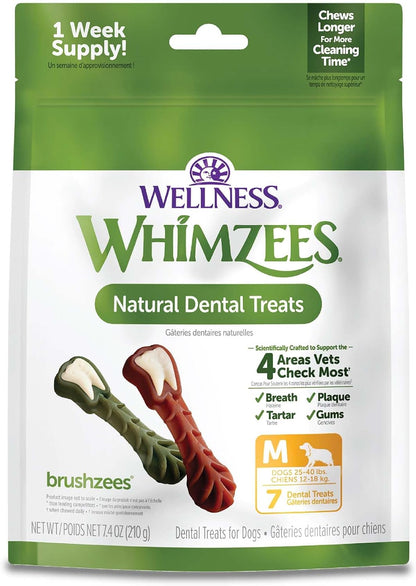 Dog chewing a Whimzees Brushzees toothbrush-shaped chew
