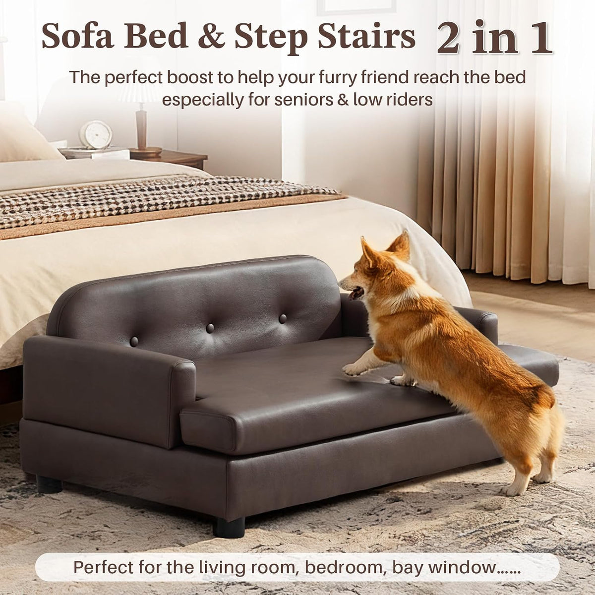 Elevated Dog Sofa Bed with Waterproof Leather – Brown