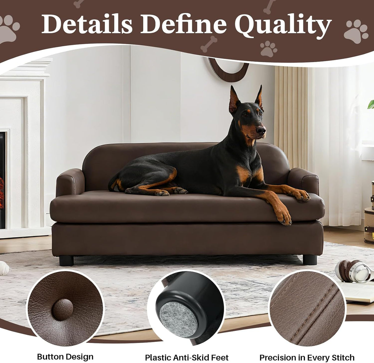 Elevated Dog Sofa Bed with Waterproof Leather – Brown