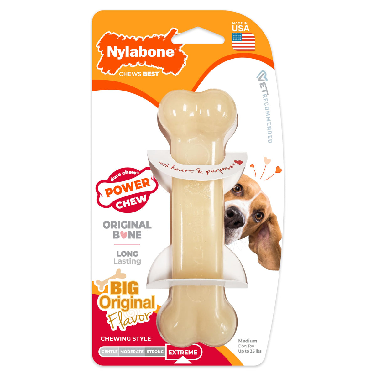 Nylabone Power Chew toys in bacon, chicken and peanut butter flavors