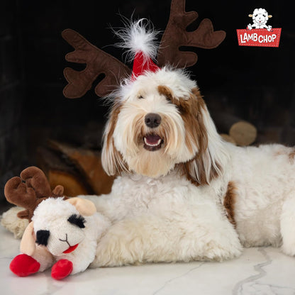 Multipet Holiday Lamb Chop – 10.5" Plush Squeaky Dog Toy with Reindeer Antlers