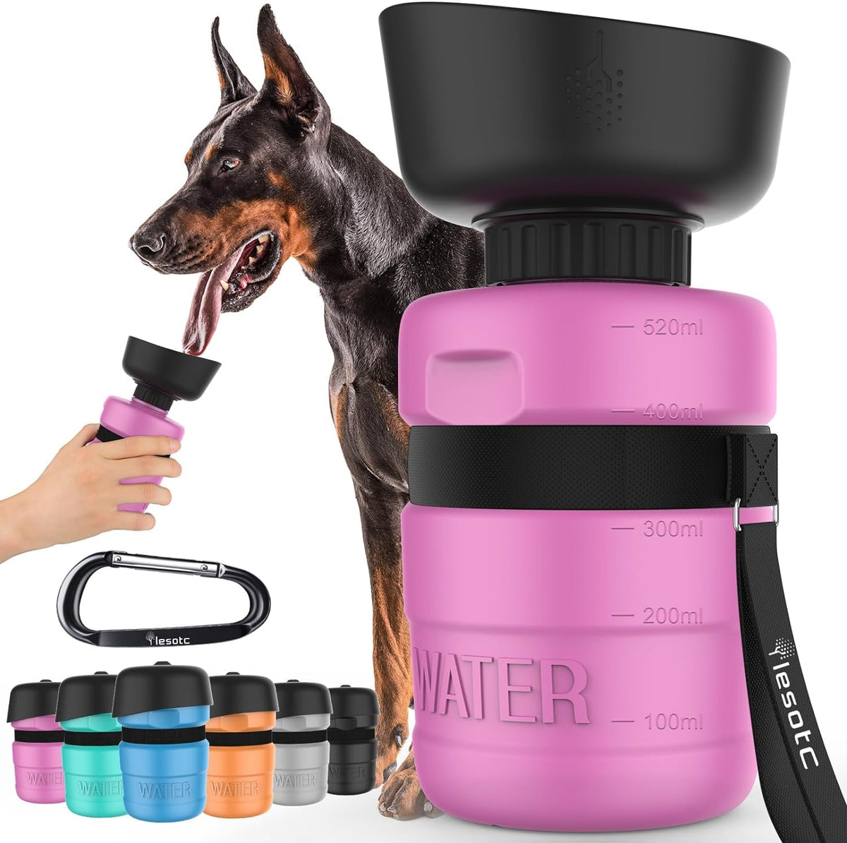 lesotc portable dog water bottle with fold-out bowl 18 oz