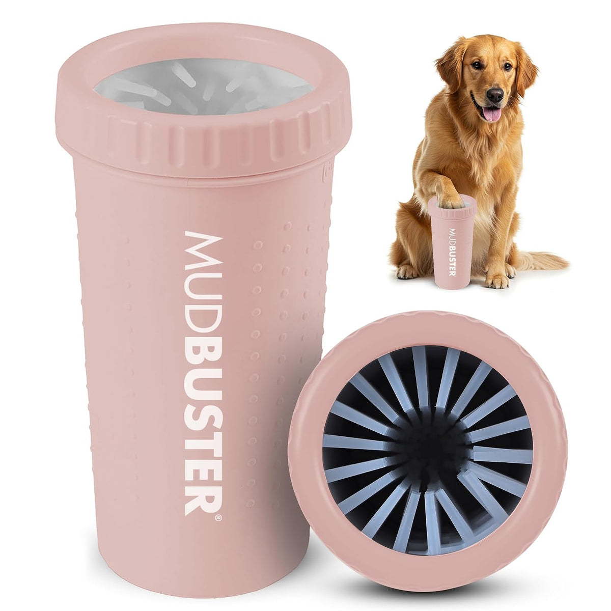 Washing a dog's paw in a Dexas MudBuster paw washer