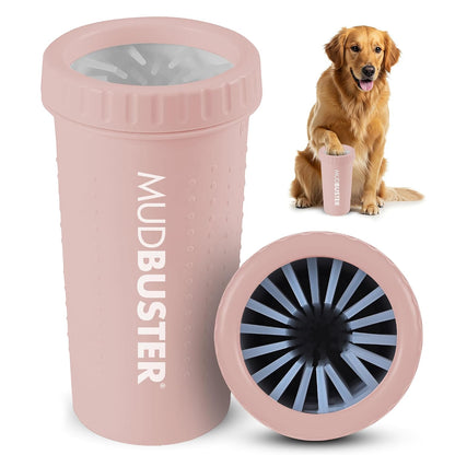 Washing a dog's paw in a Dexas MudBuster paw washer