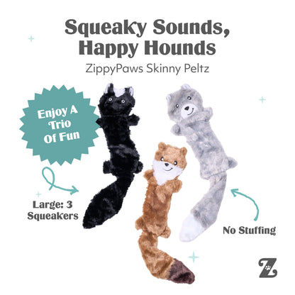 ZippyPaws Skinny Peltz flat plush dog toy with squeakers - no stuffing, less mess
