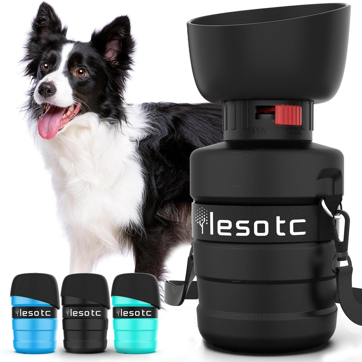 lesotc portable dog water bottle with fold-out bowl 18 oz