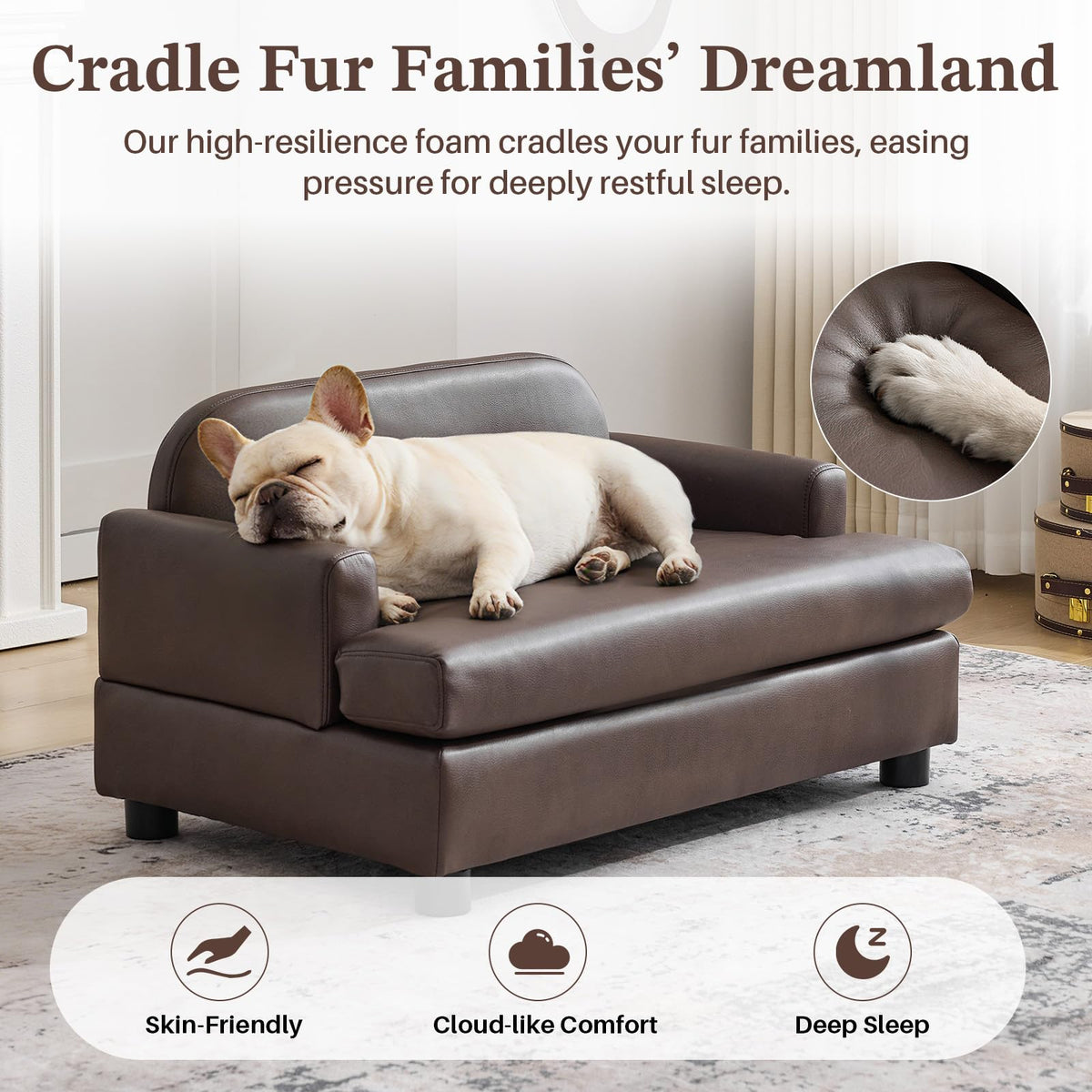 Elevated Dog Sofa Bed with Waterproof Leather – Brown