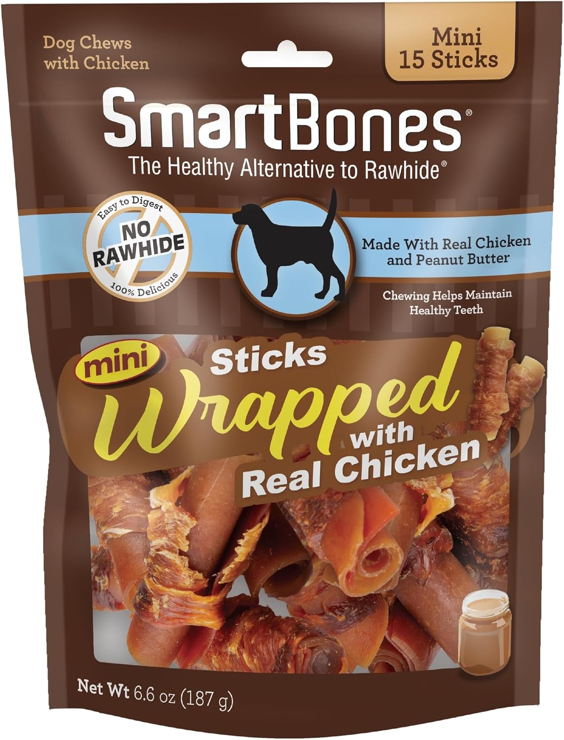 Dog chewing a SmartBones chicken wrapped stick