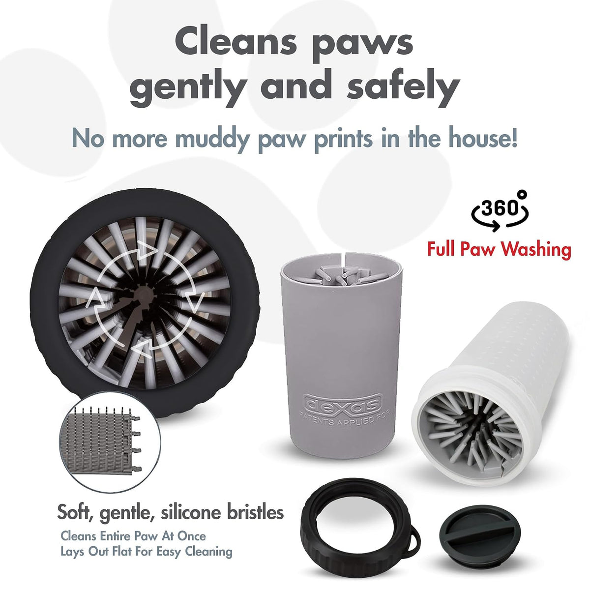 Washing a dog's paw in a Dexas MudBuster paw washer