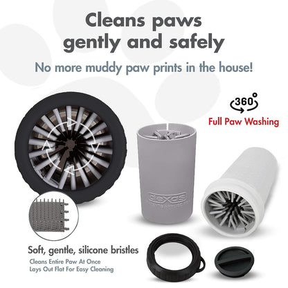 Washing a dog's paw in a Dexas MudBuster paw washer