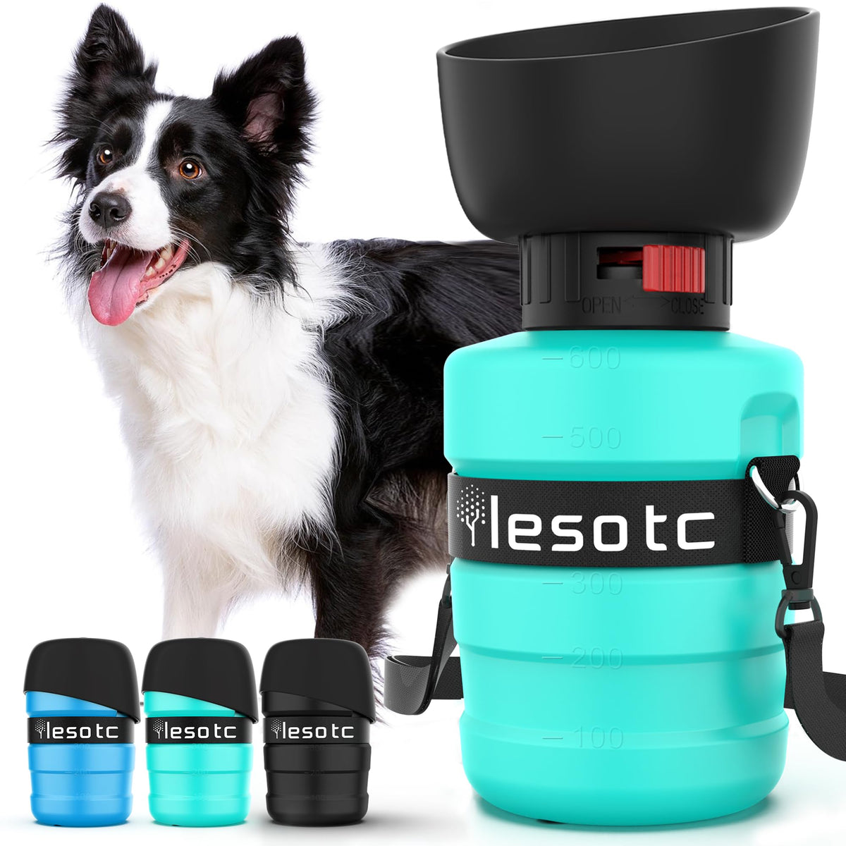 Dog drinking from a lesotc travel water bottle