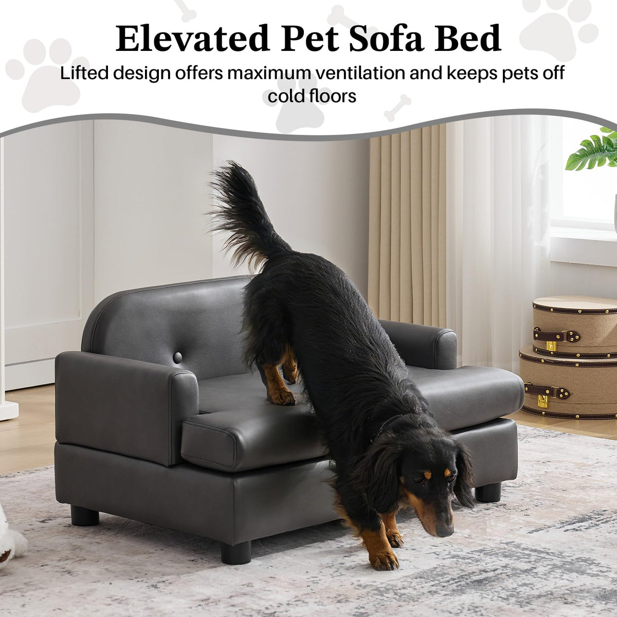 Elevated Dog Sofa Bed with Waterproof Leather – Brown