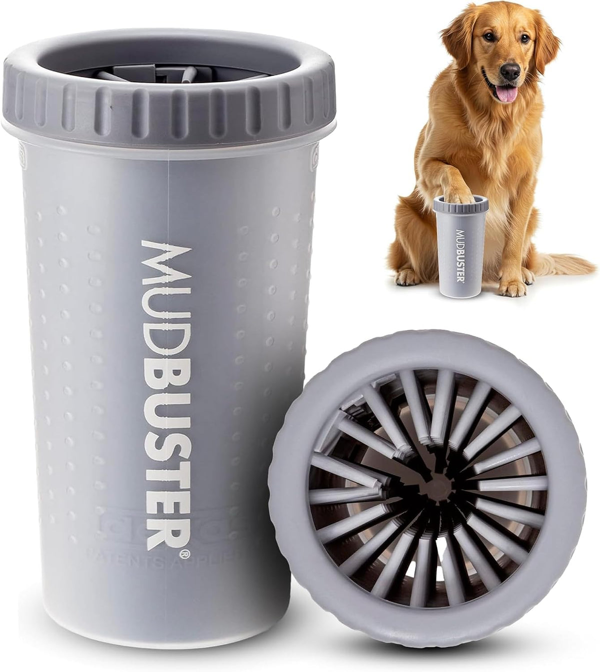 Washing a dog's paw in a Dexas MudBuster paw washer