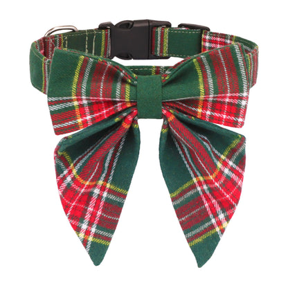 ADOGGYGO Christmas Dog Collar with Bow – Red & Green Plaid Cotton Dog Collar