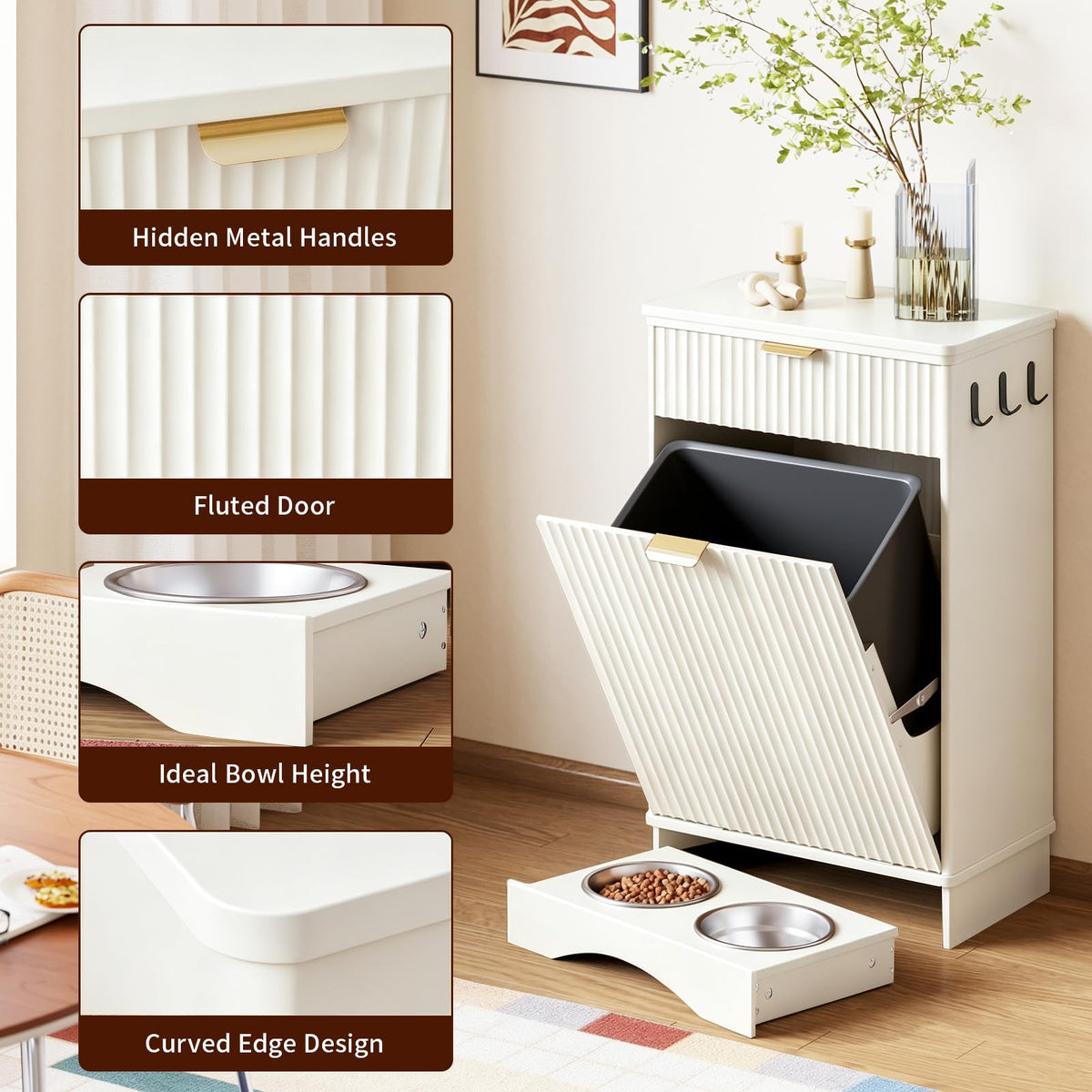 Dog Feeding Station with Storage & 2 Elevated Bowls, Walnut