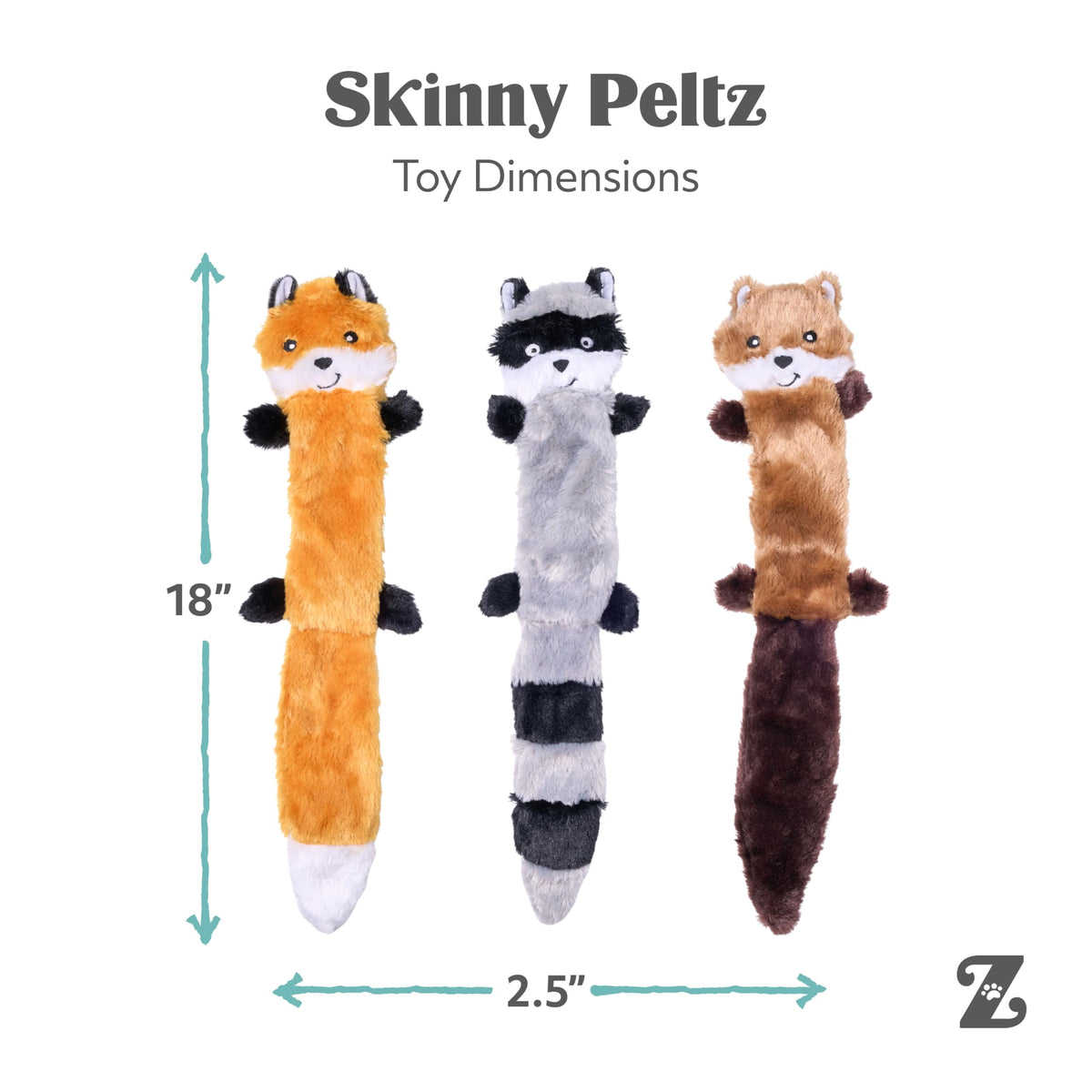 ZippyPaws Skinny Peltz flat plush dog toy with squeakers - no stuffing, less mess