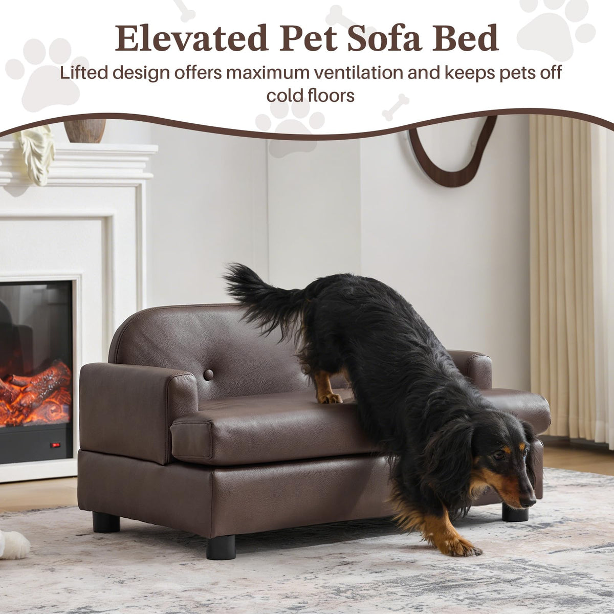 Elevated Dog Sofa Bed with Waterproof Leather – Brown