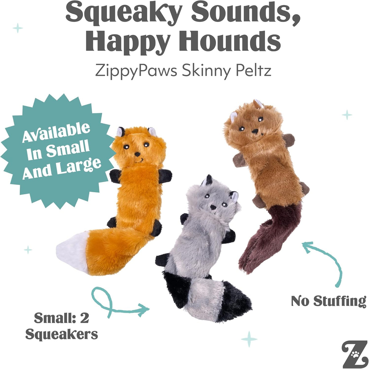 ZippyPaws Skinny Peltz 3-pack plush dog toys for tugging and fetching