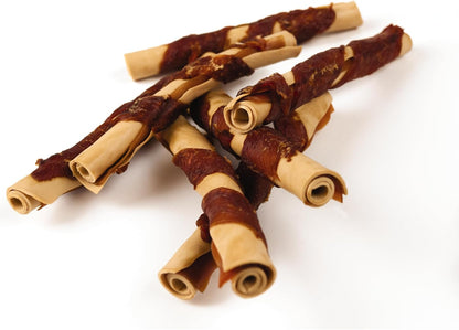 Dog chewing a SmartBones chicken wrapped stick