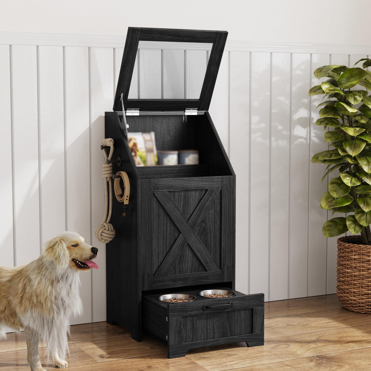 Dog Feeding Station with Storage & 2 Elevated Bowls, Walnut
