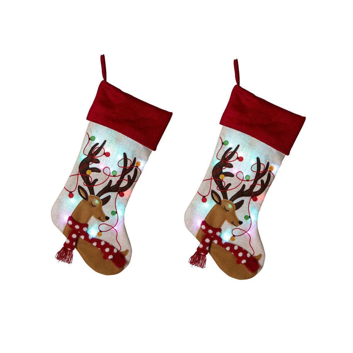 Glitzhome LED Christmas Stockings – 21" Embroidered Linen Stockings, 2-Pack