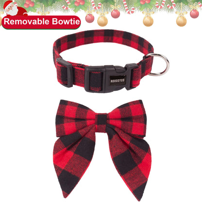 ADOGGYGO Christmas Dog Collar with Bow – Red & Green Plaid Cotton Dog Collar