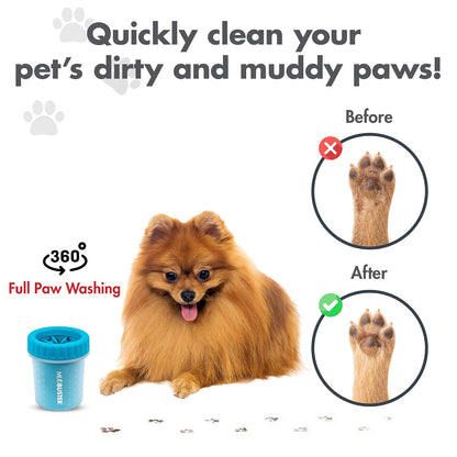 Washing a dog's paw in a Dexas MudBuster paw washer