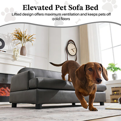 Elevated Dog Sofa Bed with Waterproof Leather – Brown