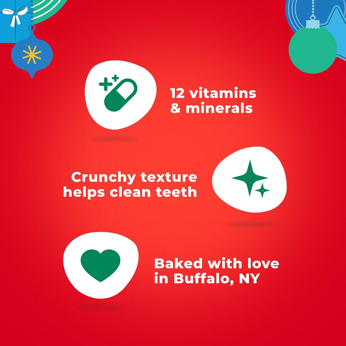 Milk-Bone benefits: 12 vitamins and minerals, crunchy texture helps clean teeth, baked in Buffalo NY