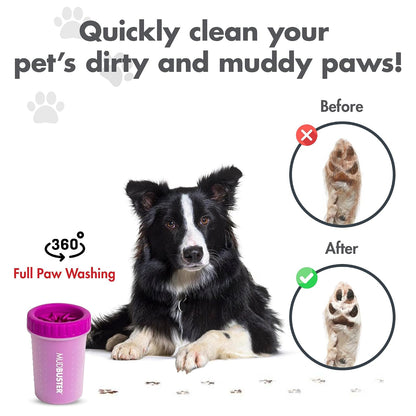 Washing a dog's paw in a Dexas MudBuster paw washer