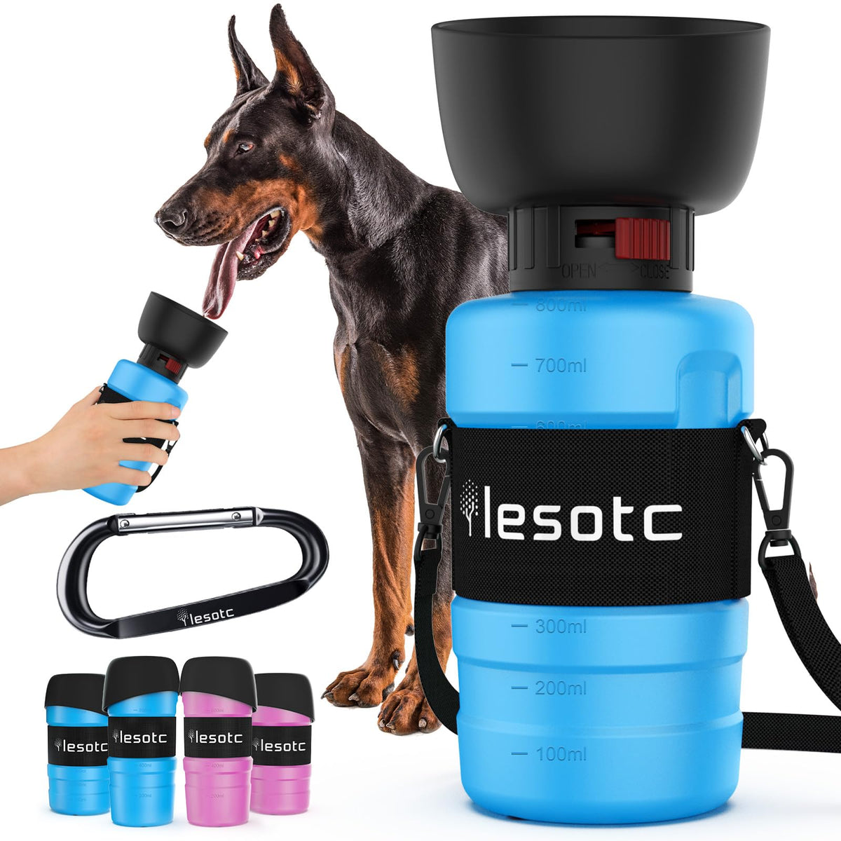 lesotc portable dog water bottle with fold-out bowl 18 oz