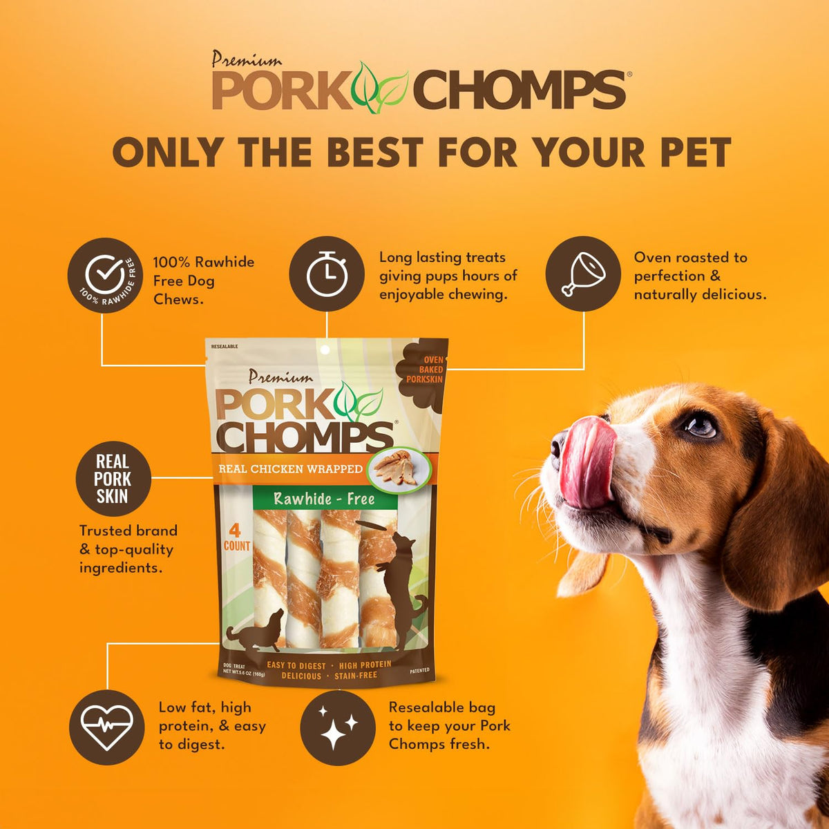 Pork Chomps Roasted Pork Skin Dog Chews – 6-Inch Twists, 15 Count