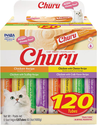INABA Churu Chicken Lickable Cat Treats with Vitamin E, 120 Tubes