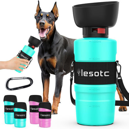 Dog drinking from a lesotc travel water bottle