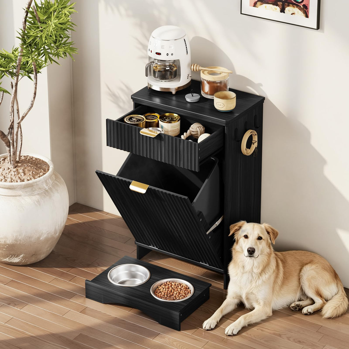 Dog Feeding Station with Storage & 2 Elevated Bowls, Walnut